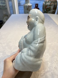 A Chinese verte biscuit vase, a sculpture of a fisherman and a Milefo Buddha, You Lin Ji 游林記造 and Zhu Mao Ji 朱茂記造 mark, 20th C.