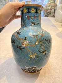 A pair of Chinese cloisonn&eacute; 'Magpies' vases and a 'Lotus Scroll' plaque, 19th C.