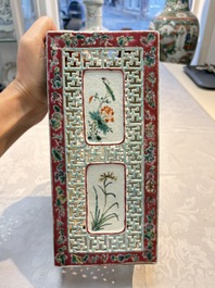 A fine Chinese famille rose reticulated square lantern with a stand, 19th C.