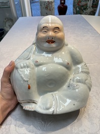 A Chinese verte biscuit vase, a sculpture of a fisherman and a Milefo Buddha, You Lin Ji 游林記造 and Zhu Mao Ji 朱茂記造 mark, 20th C.