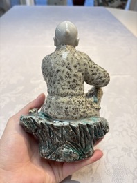 A Chinese verte biscuit vase, a sculpture of a fisherman and a Milefo Buddha, You Lin Ji 游林記造 and Zhu Mao Ji 朱茂記造 mark, 20th C.