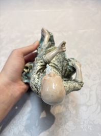 A Chinese verte biscuit vase, a sculpture of a fisherman and a Milefo Buddha, You Lin Ji 游林記造 and Zhu Mao Ji 朱茂記造 mark, 20th C.