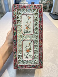 A fine Chinese famille rose reticulated square lantern with a stand, 19th C.