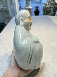 A Chinese verte biscuit vase, a sculpture of a fisherman and a Milefo Buddha, You Lin Ji 游林記造 and Zhu Mao Ji 朱茂記造 mark, 20th C.