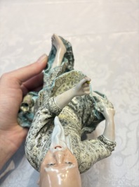 A Chinese verte biscuit vase, a sculpture of a fisherman and a Milefo Buddha, You Lin Ji 游林記造 and Zhu Mao Ji 朱茂記造 mark, 20th C.