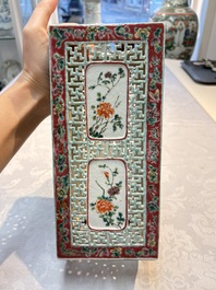 A fine Chinese famille rose reticulated square lantern with a stand, 19th C.