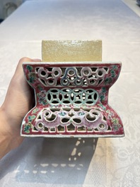 A fine Chinese famille rose reticulated square lantern with a stand, 19th C.