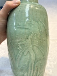 A Chinese Longquan celadon vase with incised floral design, Transitional period