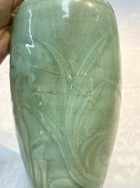 A Chinese Longquan celadon vase with incised floral design, Transitional period
