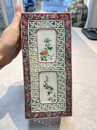 A fine Chinese famille rose reticulated square lantern with a stand, 19th C.