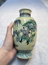 A Chinese verte biscuit vase, a sculpture of a fisherman and a Milefo Buddha, You Lin Ji 游林記造 and Zhu Mao Ji 朱茂記造 mark, 20th C.