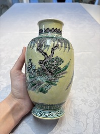 A Chinese verte biscuit vase, a sculpture of a fisherman and a Milefo Buddha, You Lin Ji 游林記造 and Zhu Mao Ji 朱茂記造 mark, 20th C.