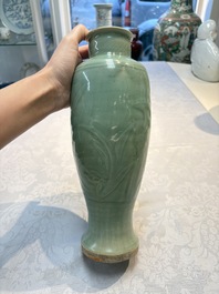 A Chinese Longquan celadon vase with incised floral design, Transitional period