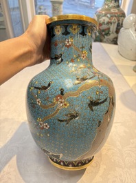 A pair of Chinese cloisonn&eacute; 'Magpies' vases and a 'Lotus Scroll' plaque, 19th C.