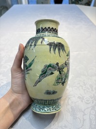 A Chinese verte biscuit vase, a sculpture of a fisherman and a Milefo Buddha, You Lin Ji 游林記造 and Zhu Mao Ji 朱茂記造 mark, 20th C.