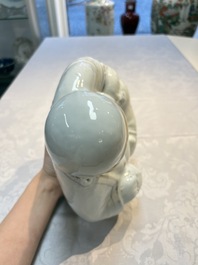 A Chinese verte biscuit vase, a sculpture of a fisherman and a Milefo Buddha, You Lin Ji 游林記造 and Zhu Mao Ji 朱茂記造 mark, 20th C.