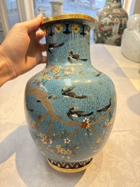 A pair of Chinese cloisonn&eacute; 'Magpies' vases and a 'Lotus Scroll' plaque, 19th C.