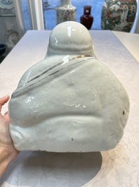 A Chinese verte biscuit vase, a sculpture of a fisherman and a Milefo Buddha, You Lin Ji 游林記造 and Zhu Mao Ji 朱茂記造 mark, 20th C.