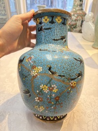 A pair of Chinese cloisonn&eacute; 'Magpies' vases and a 'Lotus Scroll' plaque, 19th C.