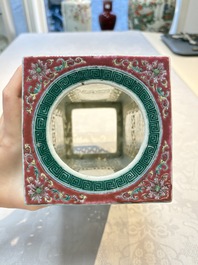 A fine Chinese famille rose reticulated square lantern with a stand, 19th C.