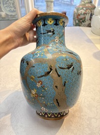 A pair of Chinese cloisonn&eacute; 'Magpies' vases and a 'Lotus Scroll' plaque, 19th C.