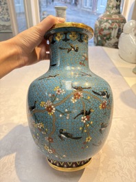 A pair of Chinese cloisonn&eacute; 'Magpies' vases and a 'Lotus Scroll' plaque, 19th C.