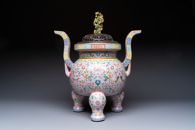 An impressive Chinese famille rose 'Bajixiang and Lotus Scroll' tripod censer with a wooden cover, Jiaqing mark and of the period