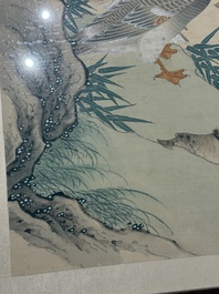 Four Chinese school paintings, ink and colour on paper and silk, one signed Yutianshi 雨田氏 and dated 1919