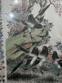 Four Chinese school paintings, ink and colour on paper and silk, one signed Yutianshi 雨田氏 and dated 1919
