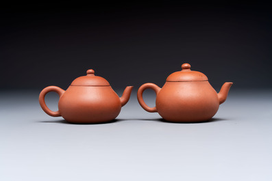 Three Chinese Yixing stoneware teapots, Chen Ziwen 陳子文 and Wen Cai 文彩 mark, Kangxi and later