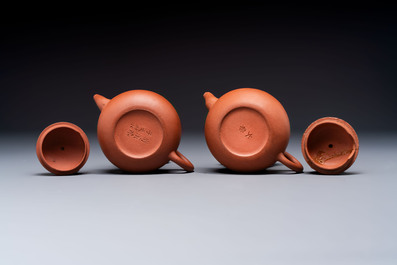 Three Chinese Yixing stoneware teapots, Chen Ziwen 陳子文 and Wen Cai 文彩 mark, Kangxi and later