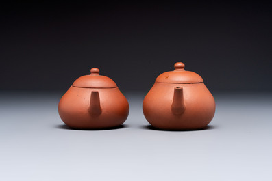 Three Chinese Yixing stoneware teapots, Chen Ziwen 陳子文 and Wen Cai 文彩 mark, Kangxi and later