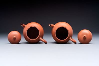 Three Chinese Yixing stoneware teapots, Chen Ziwen 陳子文 and Wen Cai 文彩 mark, Kangxi and later
