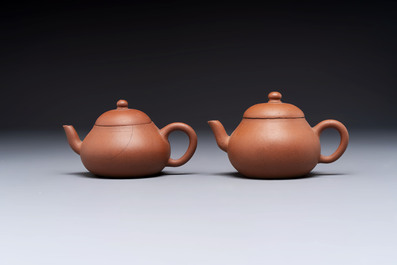Three Chinese Yixing stoneware teapots, Chen Ziwen 陳子文 and Wen Cai 文彩 mark, Kangxi and later