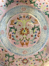 An impressive Chinese famille rose 'Bajixiang and Lotus Scroll' tripod censer with a wooden cover, Jiaqing mark and of the period