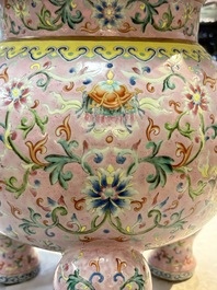 An impressive Chinese famille rose 'Bajixiang and Lotus Scroll' tripod censer with a wooden cover, Jiaqing mark and of the period