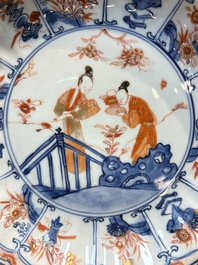 Two Chinese Imari-style plates and a dish with figural design, Kangxi