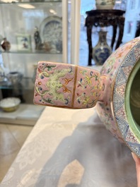 An impressive Chinese famille rose 'Bajixiang and Lotus Scroll' tripod censer with a wooden cover, Jiaqing mark and of the period