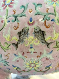 An impressive Chinese famille rose 'Bajixiang and Lotus Scroll' tripod censer with a wooden cover, Jiaqing mark and of the period