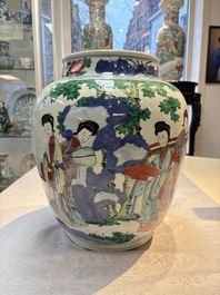 A Chinese wucai 'The Birthday Celebration of Xi Wang Mu' jar, Transitional period