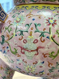 An impressive Chinese famille rose 'Bajixiang and Lotus Scroll' tripod censer with a wooden cover, Jiaqing mark and of the period