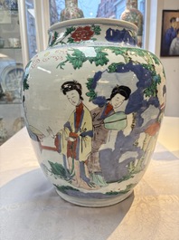 A Chinese wucai 'The Birthday Celebration of Xi Wang Mu' jar, Transitional period