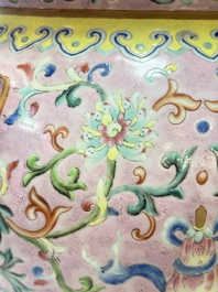 An impressive Chinese famille rose 'Bajixiang and Lotus Scroll' tripod censer with a wooden cover, Jiaqing mark and of the period