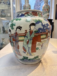 A Chinese wucai 'The Birthday Celebration of Xi Wang Mu' jar, Transitional period