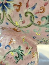 An impressive Chinese famille rose 'Bajixiang and Lotus Scroll' tripod censer with a wooden cover, Jiaqing mark and of the period