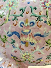 An impressive Chinese famille rose 'Bajixiang and Lotus Scroll' tripod censer with a wooden cover, Jiaqing mark and of the period