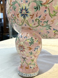 An impressive Chinese famille rose 'Bajixiang and Lotus Scroll' tripod censer with a wooden cover, Jiaqing mark and of the period