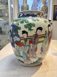 A Chinese wucai 'The Birthday Celebration of Xi Wang Mu' jar, Transitional period