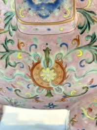 An impressive Chinese famille rose 'Bajixiang and Lotus Scroll' tripod censer with a wooden cover, Jiaqing mark and of the period