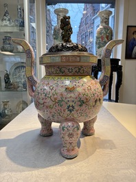 An impressive Chinese famille rose 'Bajixiang and Lotus Scroll' tripod censer with a wooden cover, Jiaqing mark and of the period